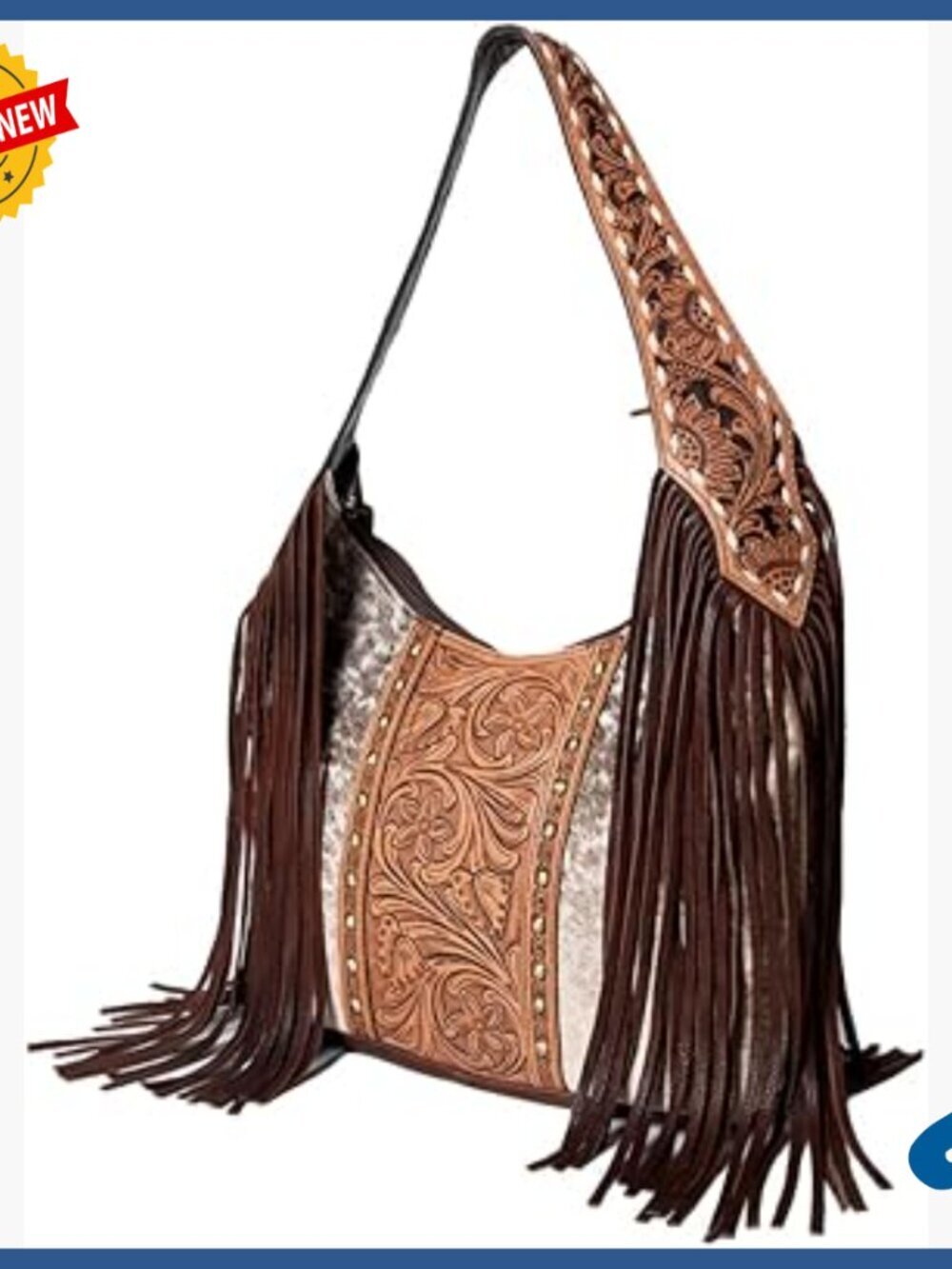 Genuine Leather Hobo Bag with Western Fringe, Removable Strap, 14x17x5